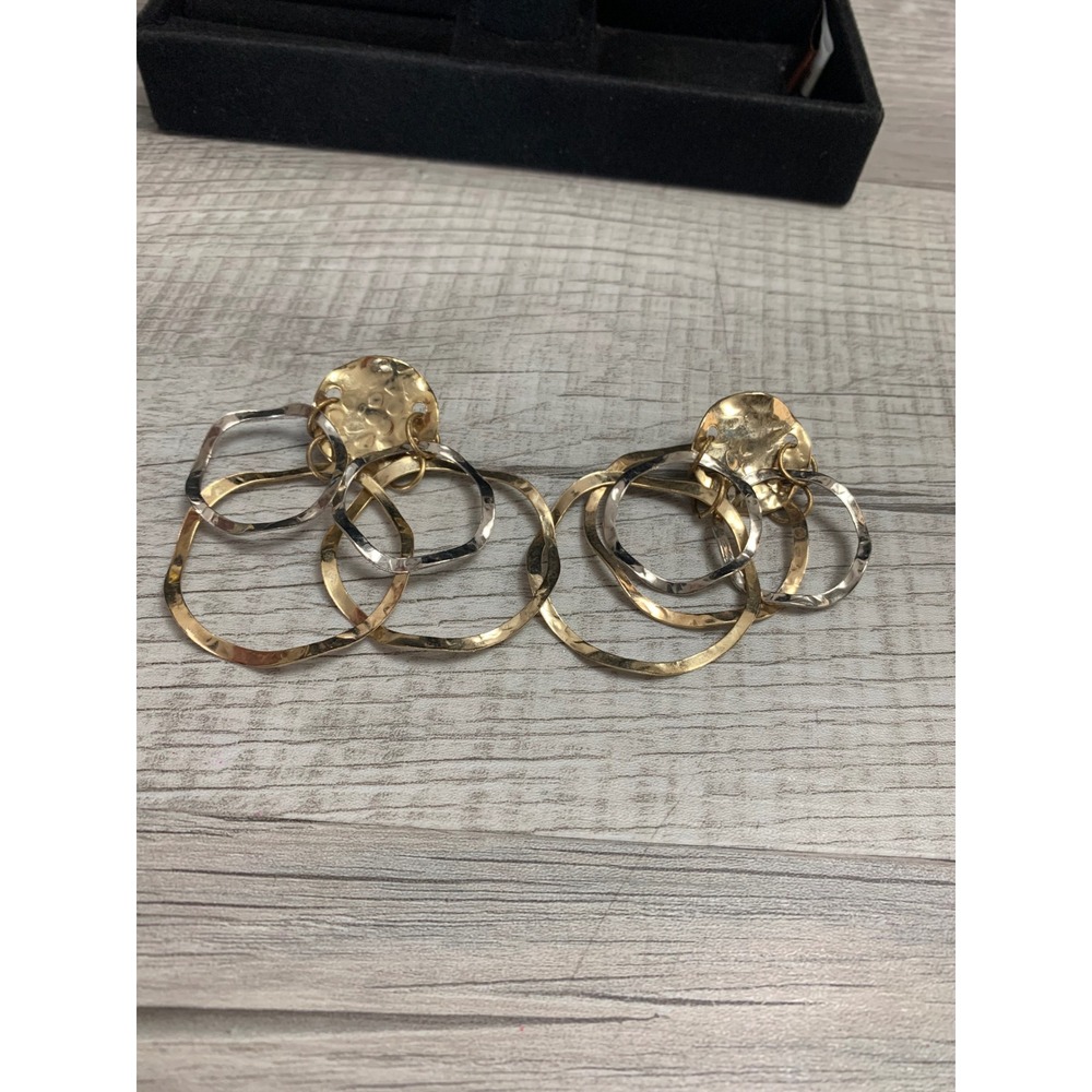 Two Tone Hammered Mixed Metal Multi Hoop Drop Statement Earrings Gold Silver